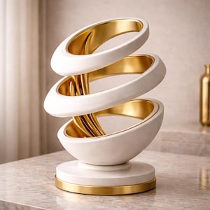 May include: An abstract sculpture in white and gold. The sculpture has three oval tiers, each with a gold interior, stacked on top of each other. It sits on a circular base with a gold trim. The overall design is modern.
