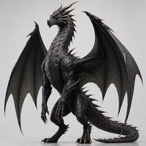 May include: A detailed sculpture of a black dragon with outstretched wings and golden accents. The dragon has a textured, scaled body, sharp claws, and a long tail. The wings are spread wide, showcasing intricate details.