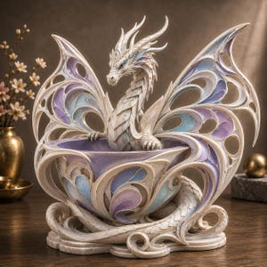 May include: A decorative bowl featuring a sculpted white dragon with intricate, flowing wings that wrap around the sides. The dragon and bowl are accented with soft pastel purple and blue hues, with the dragon's tail coiled around the base.