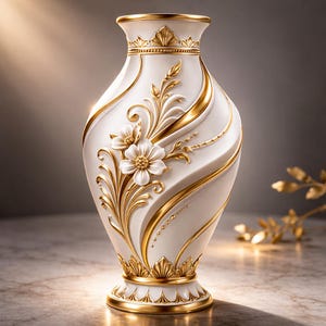 Pode incluir: Um vaso decorativo branco e dourado com detalhes florais e em espiral. O vaso apresenta uma base larga e um topo alargado, com detalhes dourados e desenhos florais em relevo. Um elegante artigo de decoração para casa.