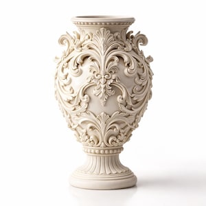 May include: A cream-colored decorative vase with intricate, ornate floral and scrollwork carvings. The vase has a wide, rounded body, a flared rim, and a pedestal base. The detailed relief work adds texture and visual interest to the elegant design.