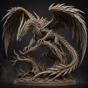 May include: A detailed brown sculpture of a winged dragon perched on a gnarled tree branch. The creature features sharp, layered scales, large feathered wings, and a long, pointed tail. The entire figure is set on a circular base.