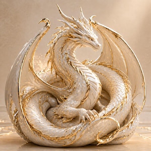May include: A detailed sculpture of a white dragon with gold accents. The dragon is coiled, with its wings spread, and features intricate detailing on its scales and horns. The sculpture has a fantasy theme.