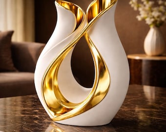 Luxury White Gold Sculptural Vase Decor, Modern Elegant Statement Centerpiece, Contemporary Home Accent