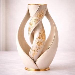 May include: Cream-colored ceramic vase with a unique, intertwined design. The vase features gold floral detailing and gold trim along the edges and base. The elegant shape and decorative elements make it a stylish home decor item.