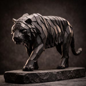 Puede incluir: Una escultura de tigre geométrico gris oscuro, elaborada con formas angulares, se alza sobre una base de piedra texturizada. La obra de arte representa al tigre en una pose de caminar, mostrando su forma detallada y el juego de luces y sombras.