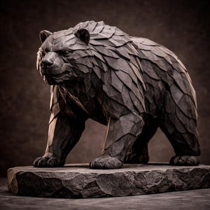May include: A detailed, dark gray bear sculpture with a textured, layered design. The bear is depicted in a walking pose, mounted on a stone base. The sculpture has a realistic appearance, showcasing the bear's fur and features.