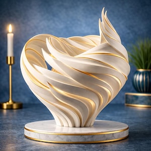 May include: A cream-coloured, abstract sculpture with gold accents, displayed on a marble base with gold trim. The design features flowing, curved lines. A lit candle in a gold holder is in the background.