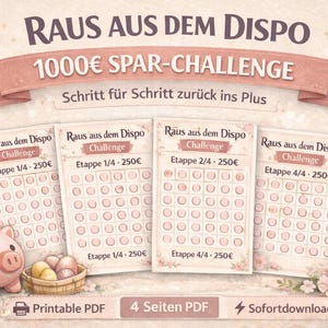 Könnte beinhalten: Eine Illustration im Aquarellstil mit einem rosa Sparschwein, einem Korb mit Eiern und Münzhaufen. Vier Karten zeigen eine Spar-Challenge mit dem Text "RAUS AUS DEM DISPO" und "1000€ SPAR-CHALLENGE".