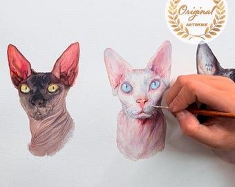 Aangepaste realistische huisdier portret handgeschilderd, 100% origineel aquarel schilderij, portret meerdere huisdieren van foto, sfinx kat, uniek huisdier cadeau