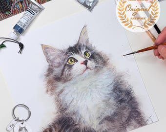 Gepersonaliseerde huisdiercadeaus Kattenportret Huisdierportret Aangepast hondkat herdenkingscadeau voor verlies huisdier 100% handgeschilderde kunst aquarel van foto