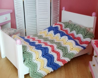 Dollhouse Miniature Hand Crocheted Ripple Afghan Blanket Throw - Bamboo Blue/Pink/Green/Yellow