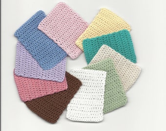 May include: A collection of ten crocheted squares in various colors, including pink, blue, green, brown, and white. The squares are arranged in a circle.