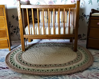 Dollhouse Miniature Hand Crocheted Oval Off-white, Tan & Green Area Rug (Made from Bamboo Thread)