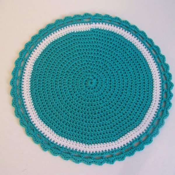 Dollhouse Miniature Hand Crocheted Circular White & Teal Area Rug (Made from Bamboo Thread)