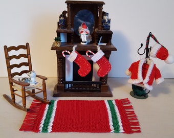 Dollhouse Miniature Hand Crocheted Fringed Area Rug - Red, Green, & White