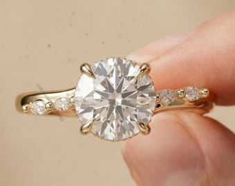 Anillo solitario redondo con diamante cultivado en laboratorio y halo oculto, anillo lateral con diamantes talla marquesa, anillo de boda de oro de 14 quilates para regalo nupcial.