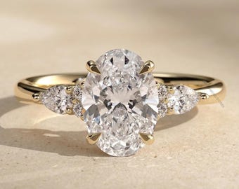 Anillo de compromiso ovalado con racimo de diamantes cultivados en laboratorio, anillo de aniversario de oro de 14 quilates, anillo de boda con diamantes creados en laboratorio para regalo.