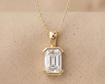 Colgante solitario de esmeralda con diamante cultivado en laboratorio y medio engaste, collar de oro macizo de 14 quilates para regalo de dama de honor, colgante de diamante de laboratorio para ella.