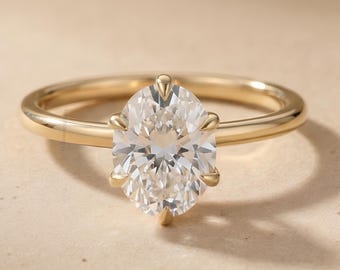 Anillo de diamantes ovalados de 2 quilates cultivados en laboratorio, anillo de compromiso solitario tipo tulipán, delicado anillo de promesa de oro de 14 quilates, joyería minimalista para ella.