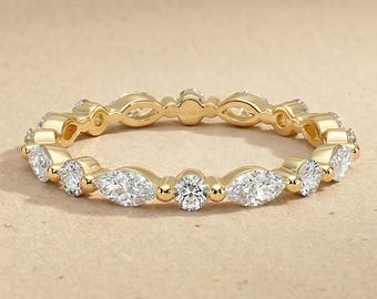 Anillo de eternidad con diamantes cultivados en laboratorio talla marquesa y redonda, anillo apilable de oro de 14 quilates para mujer, delicado anillo de boda para regalo de 25 aniversario.