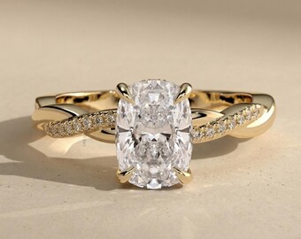 Anillo de compromiso con diamante cojín cultivado en laboratorio, anillo de boda con pavé retorcido, anillo de oro de 14 quilates con halo oculto para regalo de aniversario