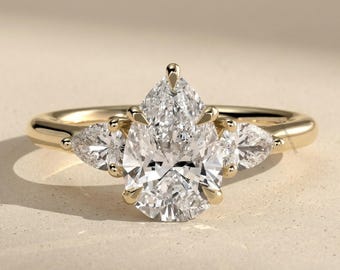 Anillo de compromiso de tres piedras con talla de pera, anillo de diamantes cultivados en laboratorio, anillo de aniversario de oro de 14 quilates para ella, anillo de boda de diamantes en forma de lágrima para mujer.