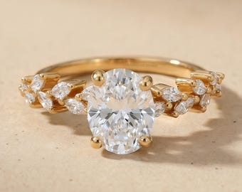 Anillo de compromiso ovalado con diamante cultivado en laboratorio, anillo con pavé de oro de 14 quilates, anillo de boda inspirado en hojas, anillo nupcial para ella.