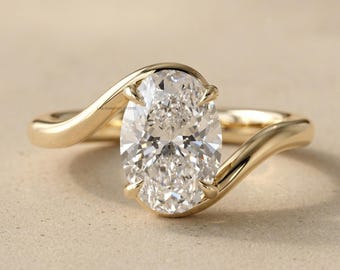 Anillo solitario de diamante ovalado cultivado en laboratorio, anillo de compromiso de oro de 14 quilates con diseño de bypass, delicado anillo de promesa, anillo de boda único para regalar.