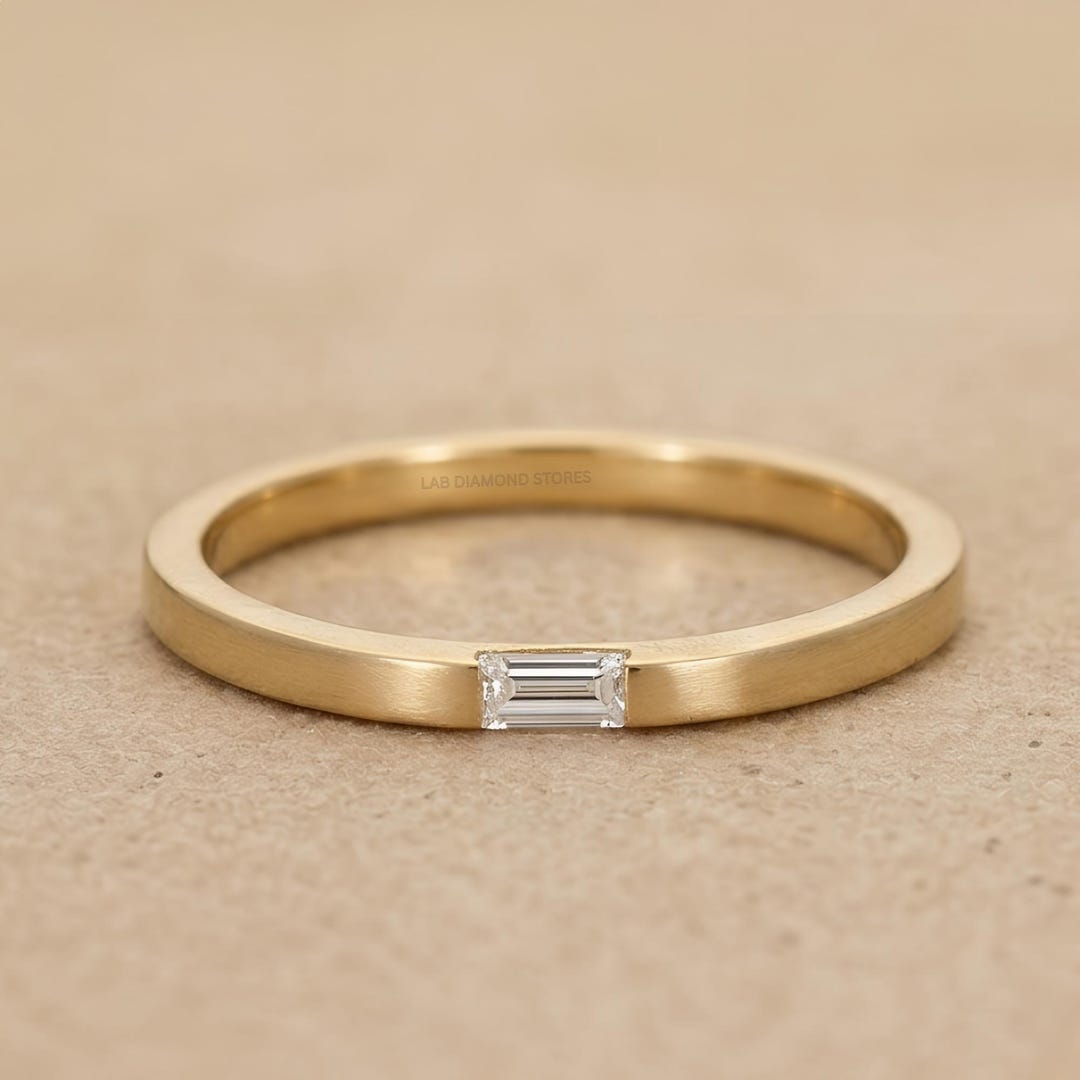 Baguette Moissanite Flush Set Wedding Band, 14K Gold East West Stacking ...