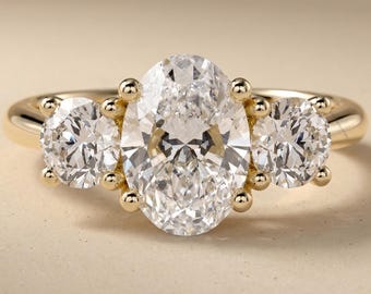 Anillo de tres piedras con diamante ovalado de 2 quilates cultivado en laboratorio, anillo de boda de oro de 14 quilates para regalo nupcial, anillo de aniversario con diamante creado en laboratorio para regalo