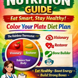 May include: A colorful graphic promoting a nutrition guide. The image features text that reads "Ultimate Nutrition Guide" and "Color Your Plate Diet Plan." A doctor holds a clipboard. The guide includes a rainbow-colored wheel with food categories.