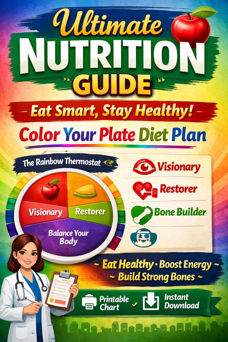 May include: A colorful graphic promoting a nutrition guide. The image features text that reads "Ultimate Nutrition Guide" and "Color Your Plate Diet Plan." A doctor holds a clipboard. The guide includes sections on Visionary, Restorer, and Bone Builder.