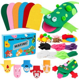 Peut inclure: Un kit de bricolage de marionnettes comprenant une boîte bleue marquée Make Your Own Puppet WATINC, des feuilles de feutrine colorées, des yeux mobiles, des pompons et diverses formes en feutrine prédécoupées pour assembler des marionnettes.