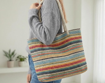 Colorful Rainbow Straw Tote Bag, Large Boho Summer Beach Handbag, Woven Crochet Market Bag for Women, Vibrant Vacation Shopper,Tropical Gift