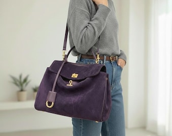 Elegant Purple Faux Suede Shoulder Bag, Soft Minimalist Hobo Tote for Women, Aesthetic Slouchy Handbag, Chic Everyday Purse,Luxury Boho Gift
