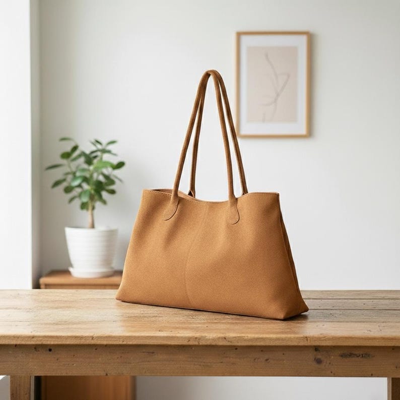 May include: A tan tote bag with long handles sits on a wooden table. The bag is rectangular with a simple design and a soft, textured appearance. A small potted plant and a framed picture are in the background.