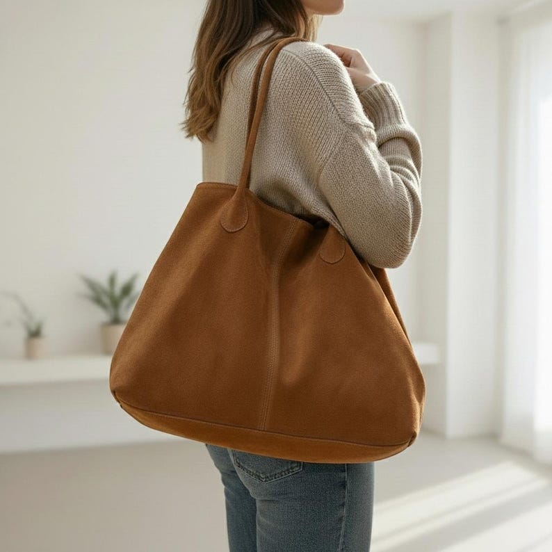 May include: A large, brown suede tote bag with long handles. The bag is carried over the shoulder and has a simple, minimalist design. The bag is a warm, earthy tone and appears to be spacious.