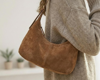 Chic Suede Crescent Hobo Bag, Quiet Luxury Shoulder Purse for Women, 90s Aesthetic Velvet Handbag, Minimalist Crossbody Bag, Brown Boho Gift