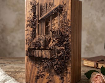 Personalized Wooden Cat Urn, Laser Engraved Pet Memorial Box, Cat Ashes Keepsake