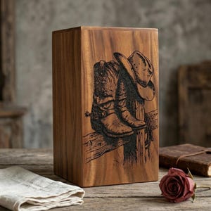 May include: A wooden box featuring an engraved design of cowboy boots and a hat on a fence post. The box is made of warm-toned wood and is placed on a wooden surface. A folded white cloth, a rose, and a book are also visible.