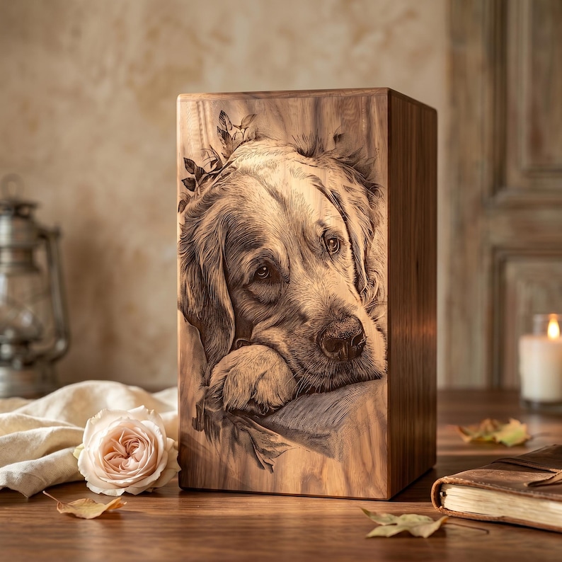 May include: A rectangular wooden urn featuring a detailed laser-engraved portrait of a golden retriever dog resting its head on its paws. The wood grain is visible throughout the surface, and the engraving captures the dog's facial features.