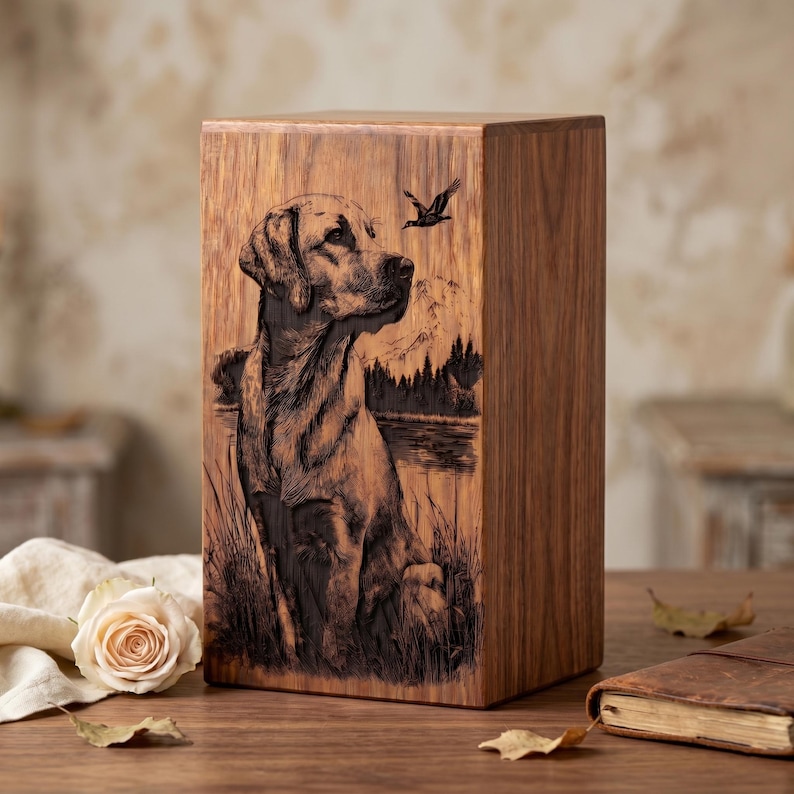 Puede incluir: Una urna rectangular de madera con una ilustraci&oacute;n grabada con l&aacute;ser oscuro de un Labrador sentado en hierba alta cerca de un lago. La escena incluye un p&aacute;jaro volando, monta&ntilde;as lejanas y un bosque. La veta de la madera es visible en la superficie.
