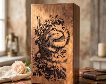 Personalized Cat Memorial Urn – Engraved Wooden Pet Ashes Box with Floral Design