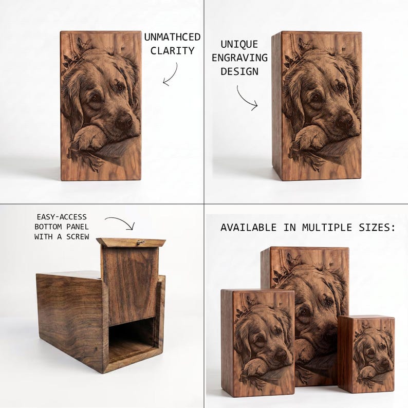 May include: A rectangular wooden urn featuring a laser-engraved portrait of a dog on the front panel. The urn includes an easy-access bottom panel secured with a screw. Text on the image reads: UNMATHCED CLARITY, UNIQUE ENGRAVING DESIGN, EASY-ACCESS BOTTOM PANEL WITH A SCREW, AVAILABLE IN MULTIPLE SIZES.