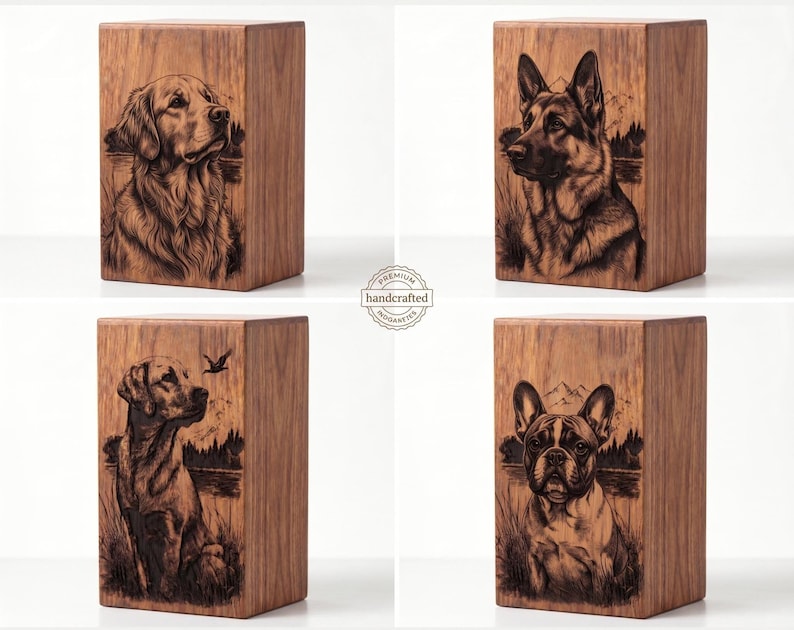 May include: Four rectangular wooden urns featuring laser-engraved portraits of different dog breeds. Each box displays a detailed illustration of a canine set against a natural landscape background. A circular stamp in the center reads Premium handcrafted.