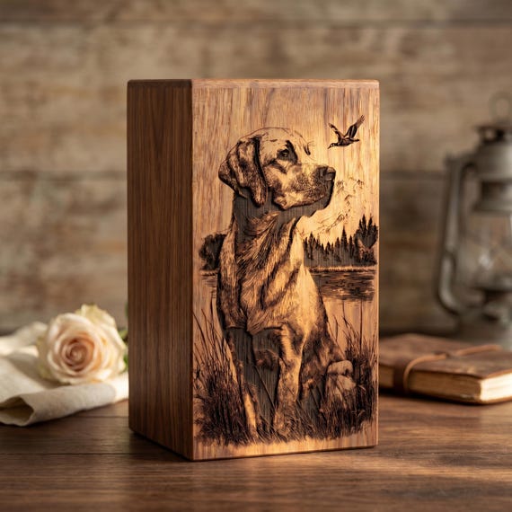 Personalized Wooden Dog Urn, Custom Pet Photo Memorial Keepsake Box, Engraved Remembrance Urn