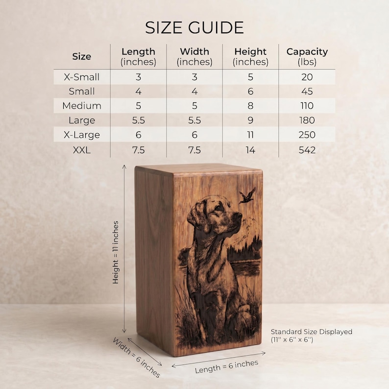Puede incluir: Una urna rectangular de madera para mascotas con una ilustraci&oacute;n grabada a l&aacute;ser de un perro en un paisaje. Una tabla de tallas indica las dimensiones en pulgadas y la capacidad en libras. La urna mide 11 pulgadas de alto, 6 de ancho y 6 de largo.