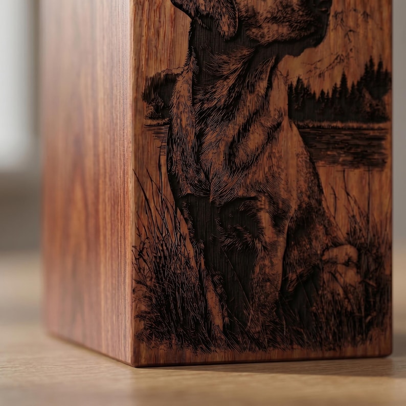 Puede incluir: Una urna rectangular de madera con una ilustraci&oacute;n grabada con l&aacute;ser de un perro sentado en hierba alta cerca de un lago con un bosque al fondo. La veta de la madera es visible y el grabado muestra texturas detalladas de pelaje y paisaje.