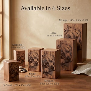 May include: Six rectangular wooden pet urns in varying sizes, each featuring a laser-engraved portrait of a dog. Text labels indicate sizes: Keepsake 5"h x 3"w x 3"d, X-Small 6"h x 4"w x 4"d, Small 8"h x 5"w x 5"d, Medium 9"h x 5.5"w x 5.5"d, Large 11"h x 6"w x 6"d, and X-Large 14"h x 7.5"w x 7.5"d.